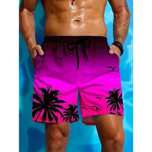 Men's 3D Tree Printed Pullstring Waist Beach Shorts, Swim Trunks Suitable for Fishing, Swimming, and Outdoor Activities, Pullstring Men's Shorts