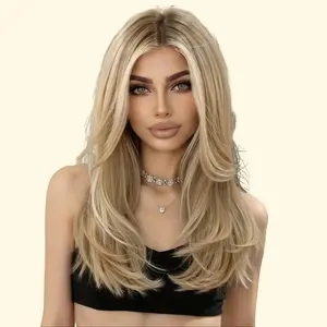 Long Ombre Isolde -MG- Free Part Mid-Length Straight Blonde with Highlights Glueless Synthetic Wig for Women 18 Inches/ blonde Mono highlight/ baby durable hair system