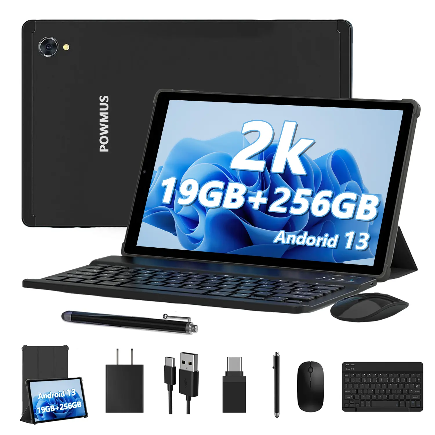 POWMUS 2025 Newest Android 13 10.4-Inch Tablet with Dual Speakers 19GB RAM 256GB ROM 1TB Expand, Octa Core Processor 2000x1200 HD Incell Screen, 8000mAh Battery, 8+13MP Camera WiFi BT5.0 GPS, Educational Android Tablet with Keyboard Mouse