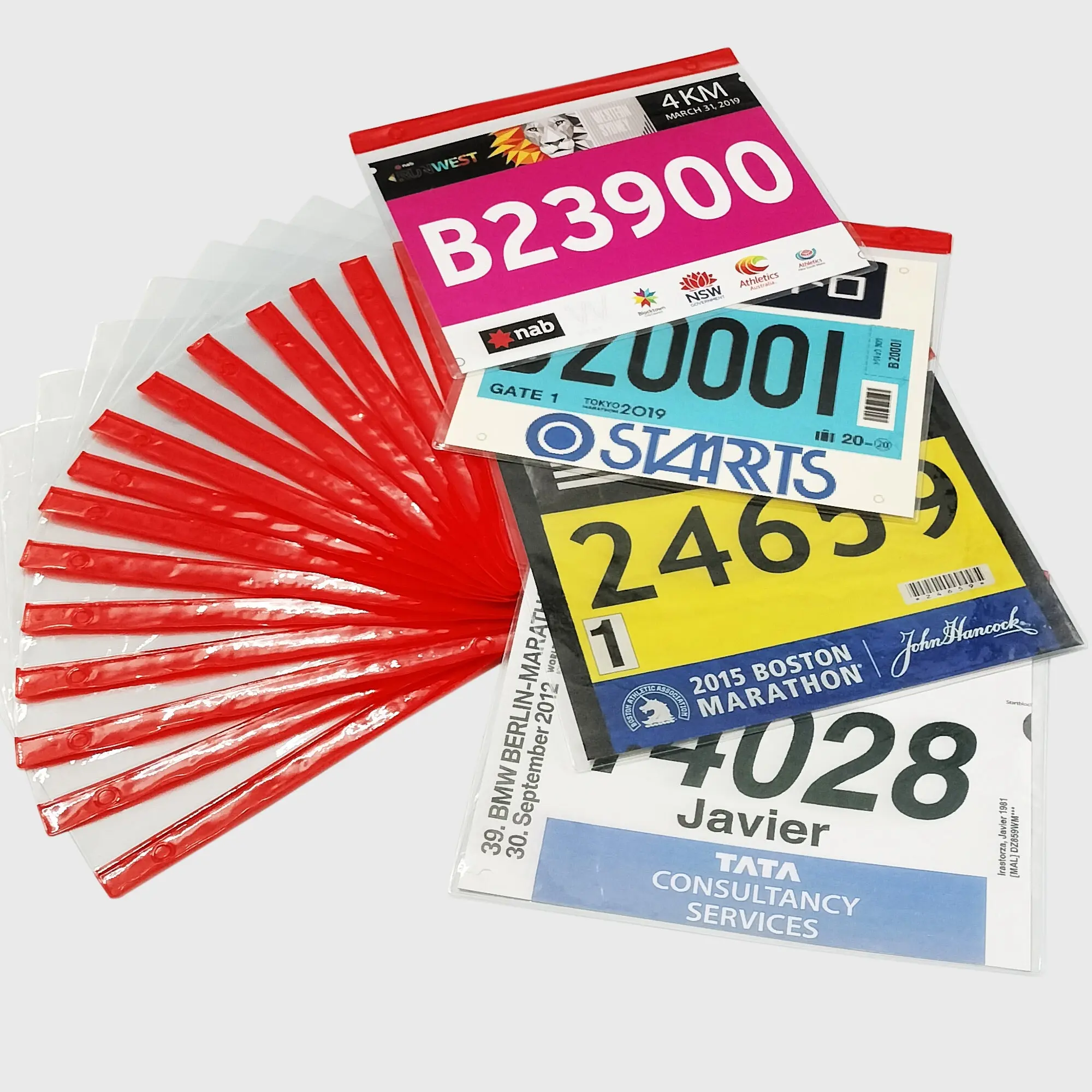 Race Bib Display — Clear Vinyl Protector Sheets (20 Pack, Red/Transparent)