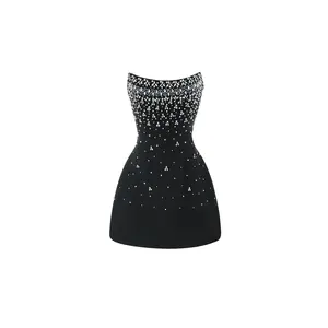 Strapless Crystal Mini Dress - Fully Embellished with Shimmering Crystals Sweetheart Neckline Structured Bodice Bodycon Fit Premium Stretch Fabric Perfect for Evening Events