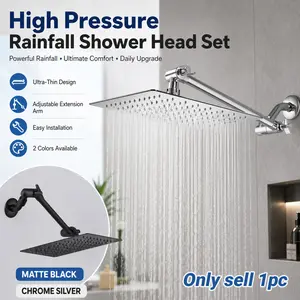 Rainfall Shower Head with Adjustable Extension Arm Modern Square Style, Large Stainless Steel High Pressure Rain Shower with Ultra-Thin Panel, Easy Clean Nozzles and Full Body Coverage for Home Bathroom, Apartment, Dorm, Hotel and Daily Bath Upgrade