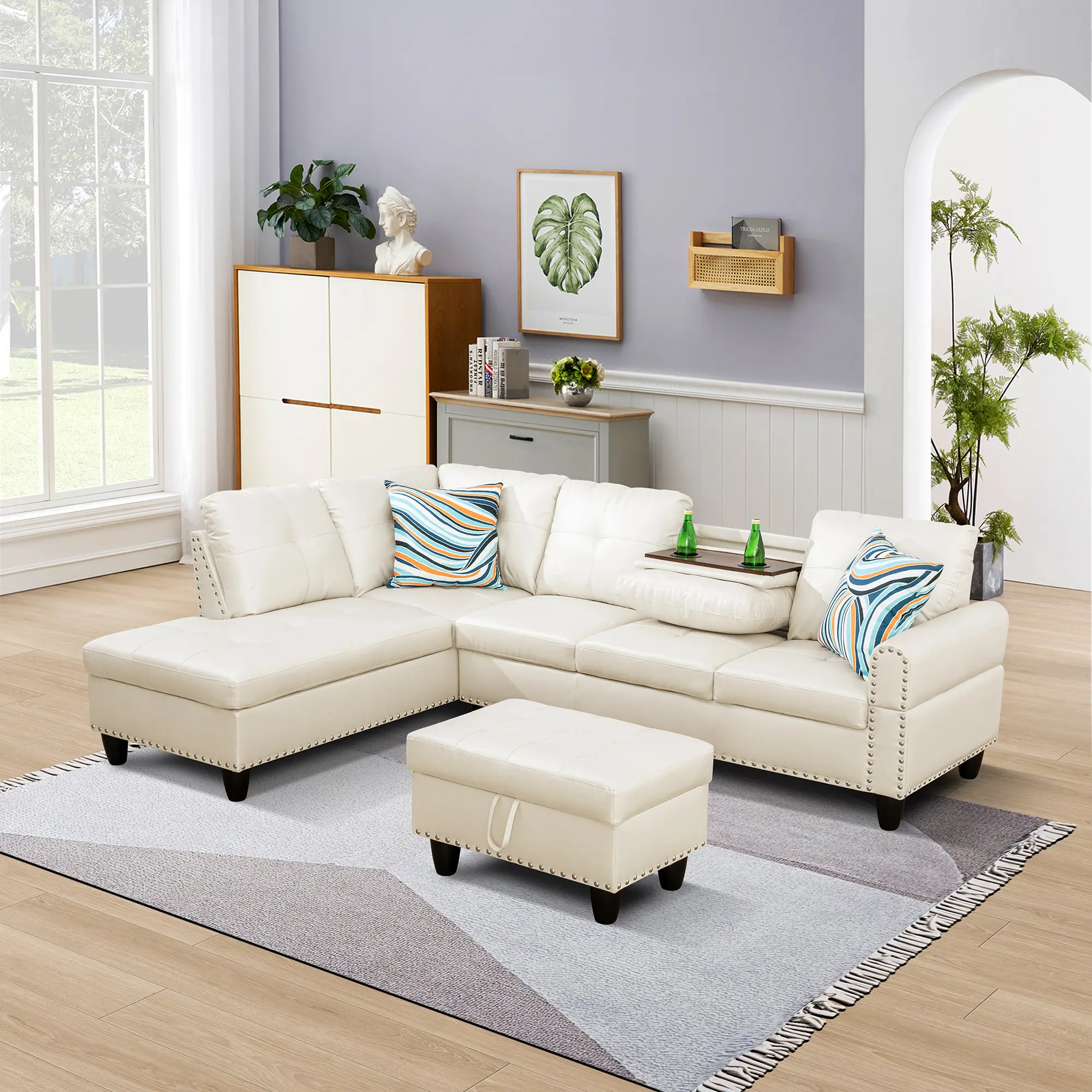 Modern White PU Leather 3-Piece Sectional Sofa Set - Sturdy Durable Wood-Frame Upholstered Living Room Couch with Fixed Arms, Thick Cotton Seats, Cushions, Cream Aesthetic Indoor Apartment Furniture, Assembly Required