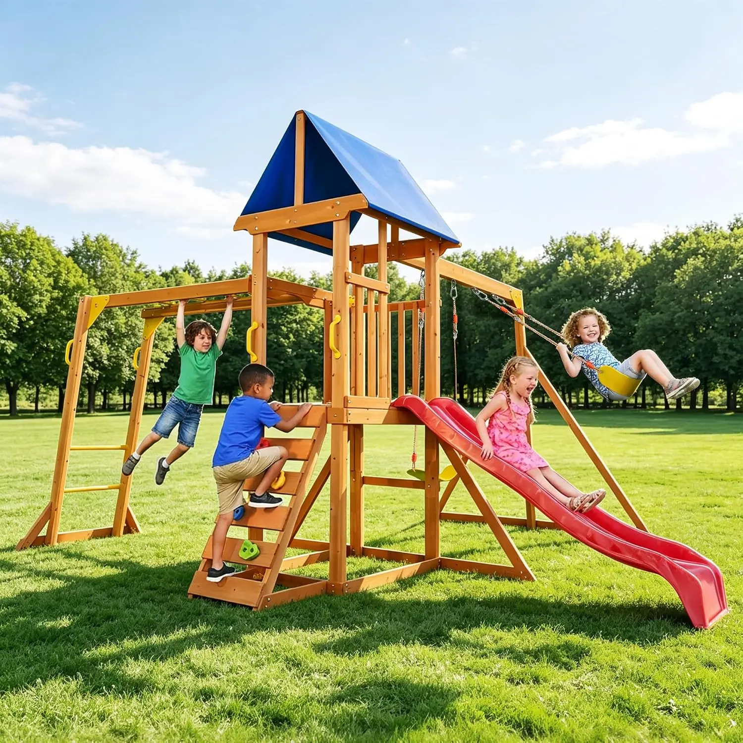 GSFRWooden Swing Sets for Backyard, Kids Outdoor Playground Set with Monkey Bars, Wave Slide, 2 Belt Swings, Climbing Ladder, Rock Wall, Play Deck with Canopy