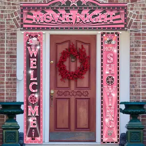 3 Pieces Movie Night Porch Sign Banner, LED Movie Theme Party Decorations, Theater Welcome Signs, Home Film Backdrop, Party Supplies