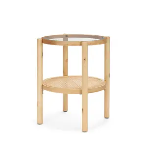 360 stand Round End Table (Model 604038) - 24 in. Clear & Light Brown Glass Circular Top, Solid Wood with Natural Grain, 4 Legs, Coastal Look, Shelf, Round Tables