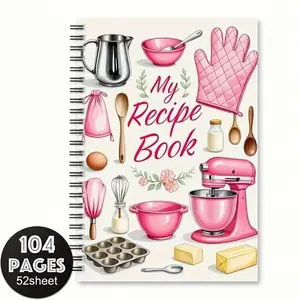 104 Page Spiral Bound Recipe Book, Cute Kitchen Notebook with Baking Illustrations, Perfect Gift for Home Cooks and Food Lovers