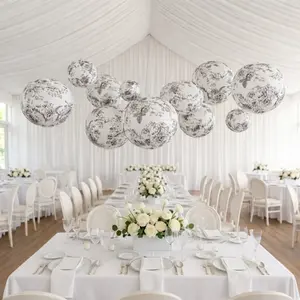 Set of 8 French Toile Hanging Paper Lanterns White with Black Floral Pattern, Decorative Lanterns - 6", 8", 10", 14"