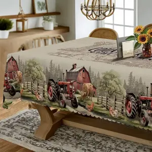 2D Flat Party Tablecloth 1pc, Farmhouse Style, Rooster & Tractor Pattern, Polyester Rectangular, Ideal for Holidays, Parties, Home Decor