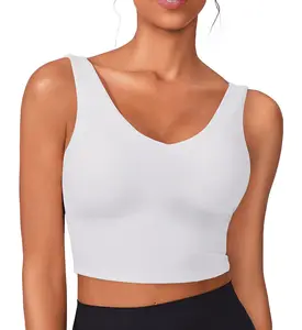 PINSPARK Sports Bras for Women Built in Bras Padded Yoga Bra V Neck Longline Workout Tank Tops with Removable Pads