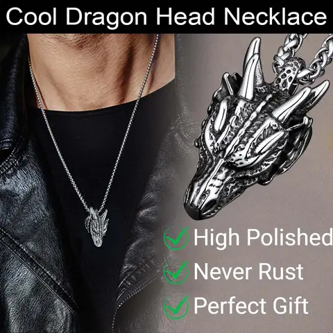 FaithHeart Unisex Vintage Stainless Steel Dragon Head Enamel Pendant Necklace, Powerful Casual Daily Punk Jewelry, 22+2" Extended Nickel-Free Chain with Free Pouch