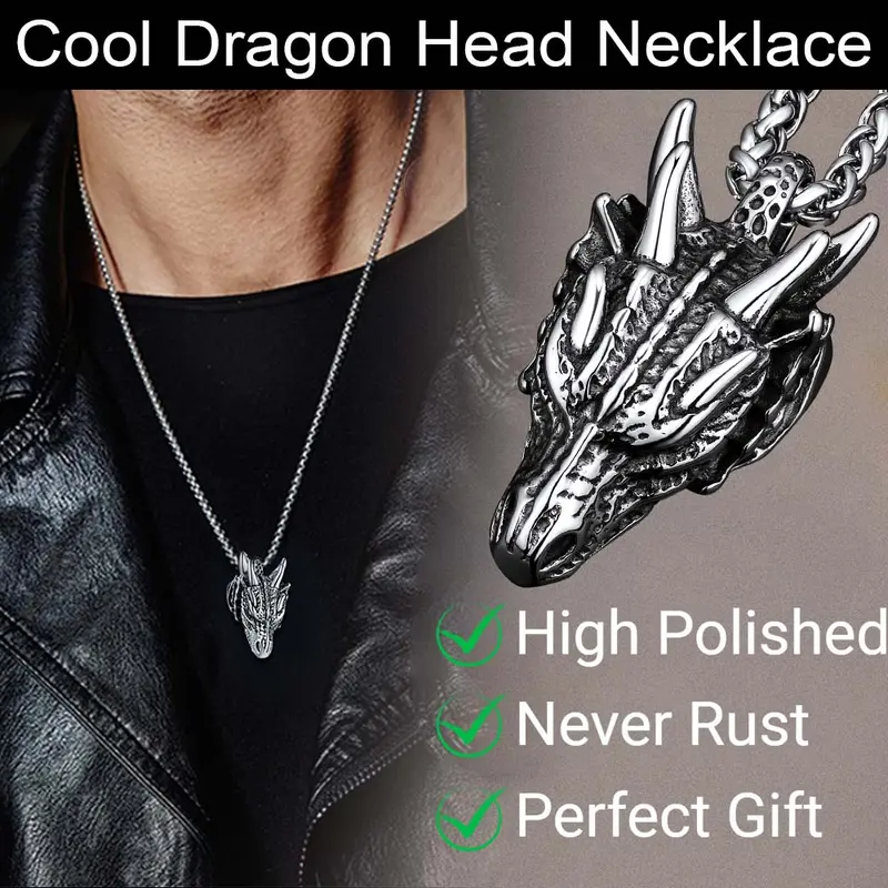 FaithHeart Unisex Vintage Stainless Steel Dragon Head Enamel Pendant Necklace, Powerful Casual Daily Punk Jewelry, 22+2" Extended Nickel-Free Chain with Free Pouch
