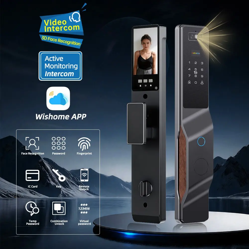 Smart Face ID Deadbolt with Video Intercom, Heavy Duty 6068 Mortise Biometric Fingerprint Lock, Keyless Door Lock, Works with Wishome App