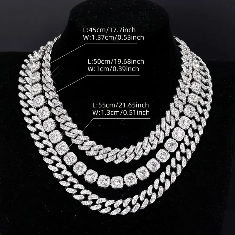 YOBEBOX Men's 3-Piece Hip Hop Cuban Chain Necklace Set - 13MM Rhinestone Zinc Alloy, Street Style Jewelry with Rhinestone Accents, Fashion Accessory for Party, Birthday Gifts