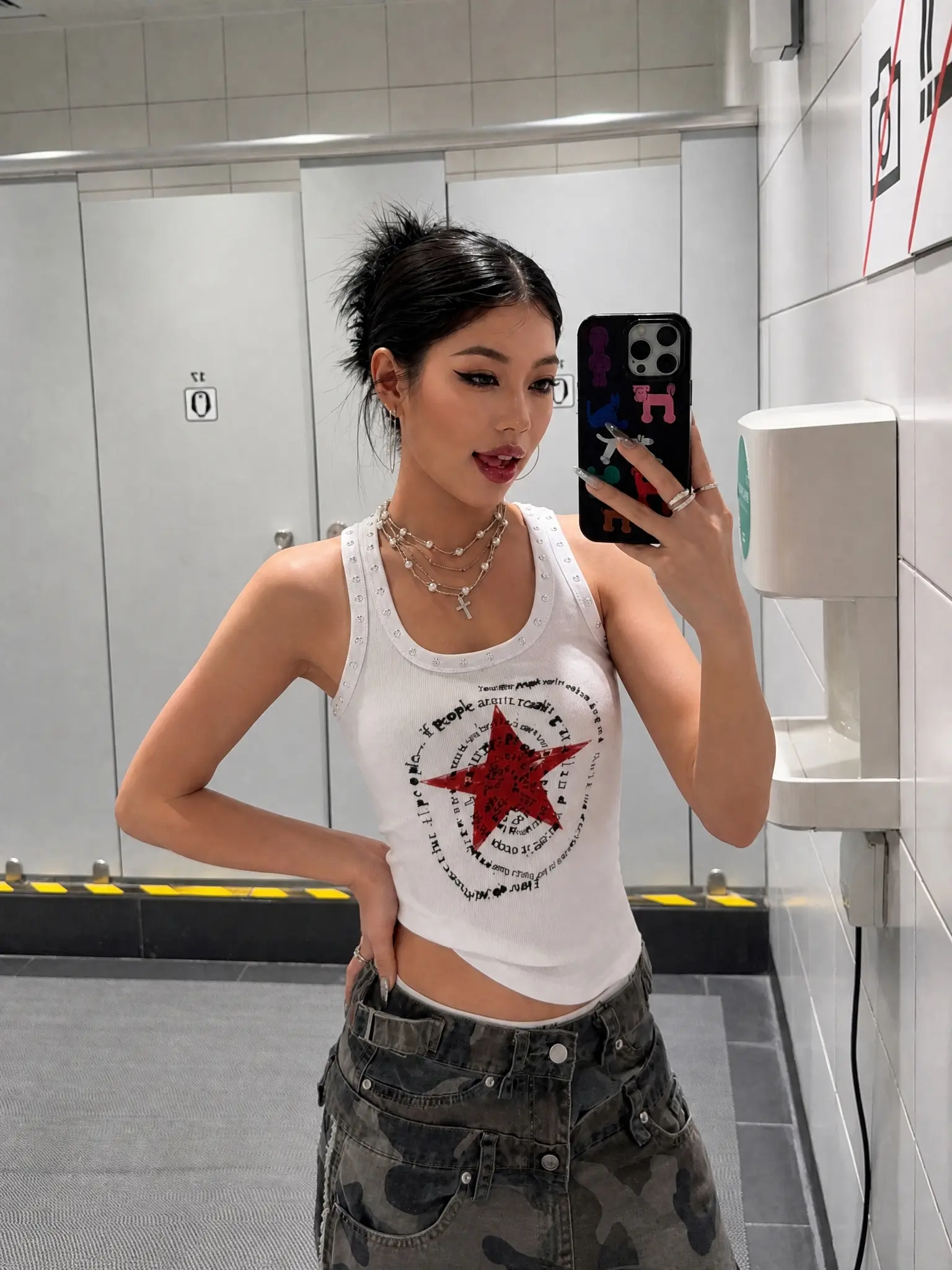 Women’s White Ribbed Beaded Studs Tank Top - Red Star & Tropical Coconut Tree Graphic Print, Y2K Grunge Punk Streetwear, Slim-Fitting Scoop Neck Cotton Blend Breathable High Stretch Sleeveless Cami Clothes Piece, for Casual Beach & Date Night Wear [7068]