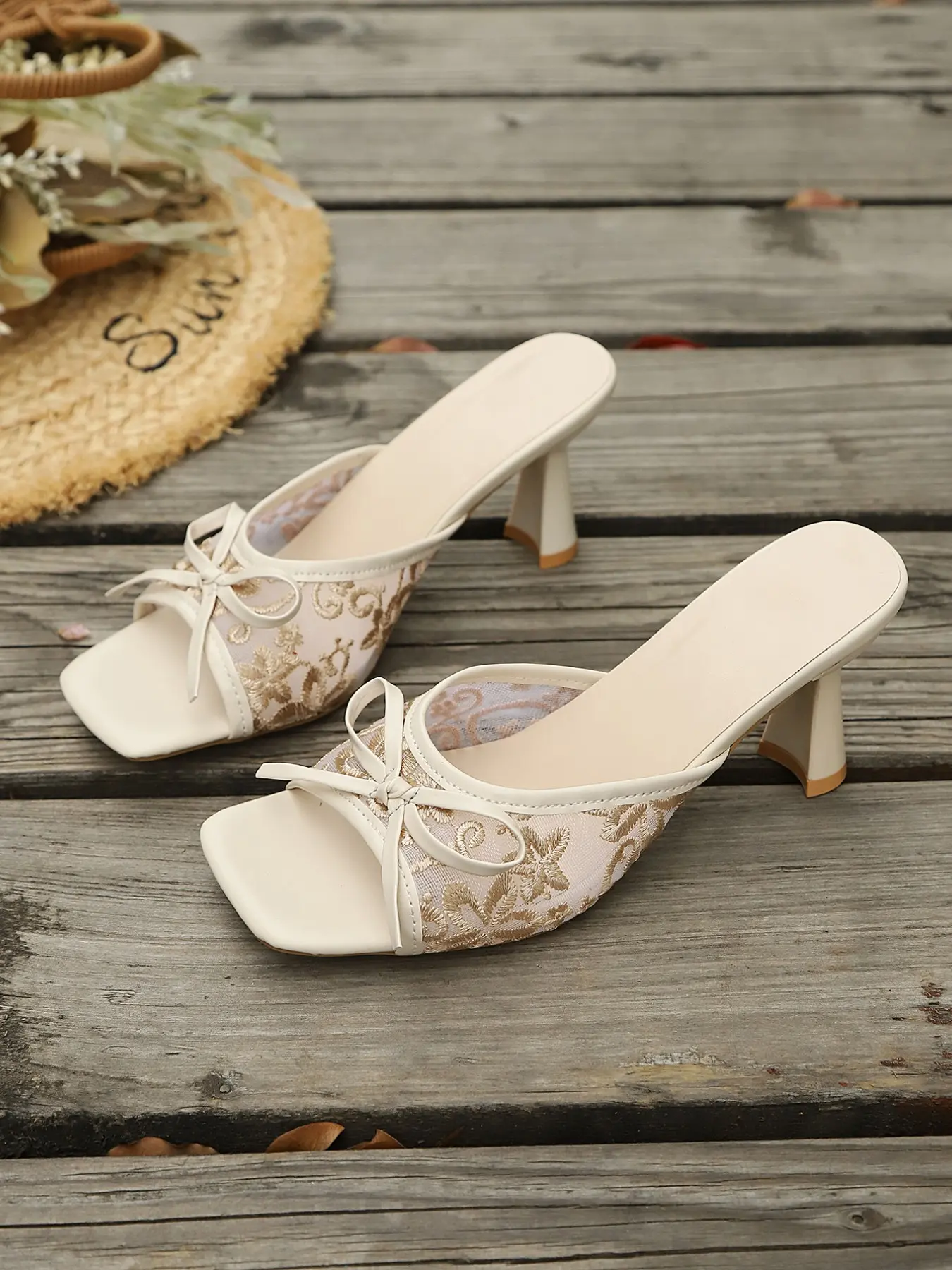Three Color Options, Square Toe Mesh Embroidered High Heel Sandals, French Romantic Style, Summer, Breathable, Non-Slip, Bow Design, Women's Daily Wear, Rubber