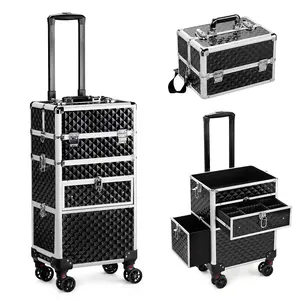 Large Rolling Makeup Train Case with Foot-Brake Wheels, Removable Shoulder-Strap Makeup Carrying Case, Adjustable Compartments, Built-in Nail Polish Drawer, and Detachable Drawer