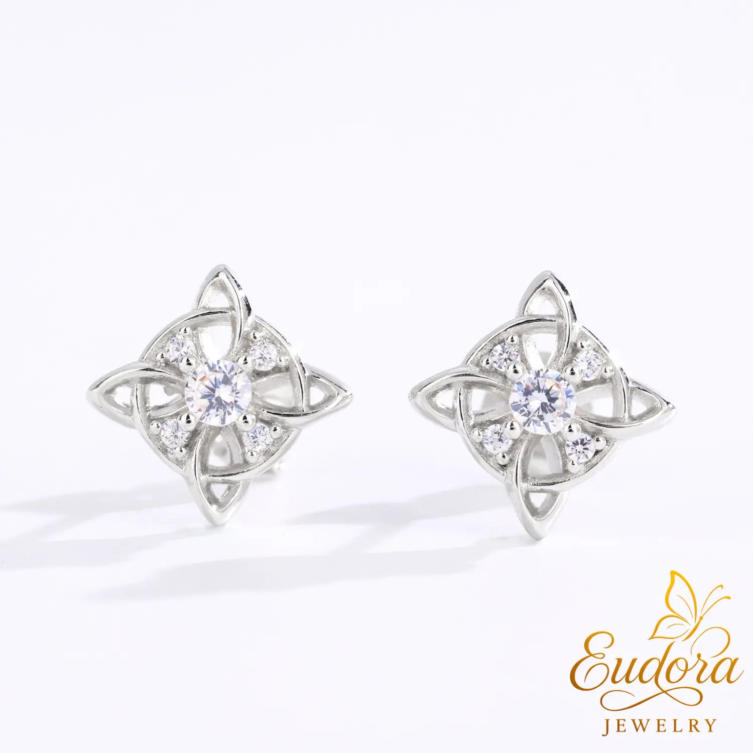 Eudora Witch Knot Stud Earrings for Women, Sparkling CZ Clover Celtic Knot or Trinity Knot, Hypoallergenic Everyday Dainty Earrings, Meaningful Gift for Her