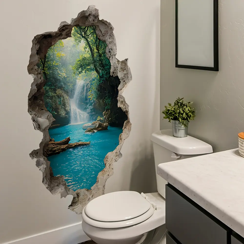 Self-Adhesive Removable 3D Illusion Wall Panel, Turquoise Blue Waterfall & Forest Texture, Easy Accent Wall Peel And Stick Home Office Bathroom Interior Walls Decor