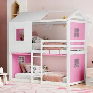 Twin over Twin House Bunk Bed with Roof and Tent, Solid Wood House Bed Frame