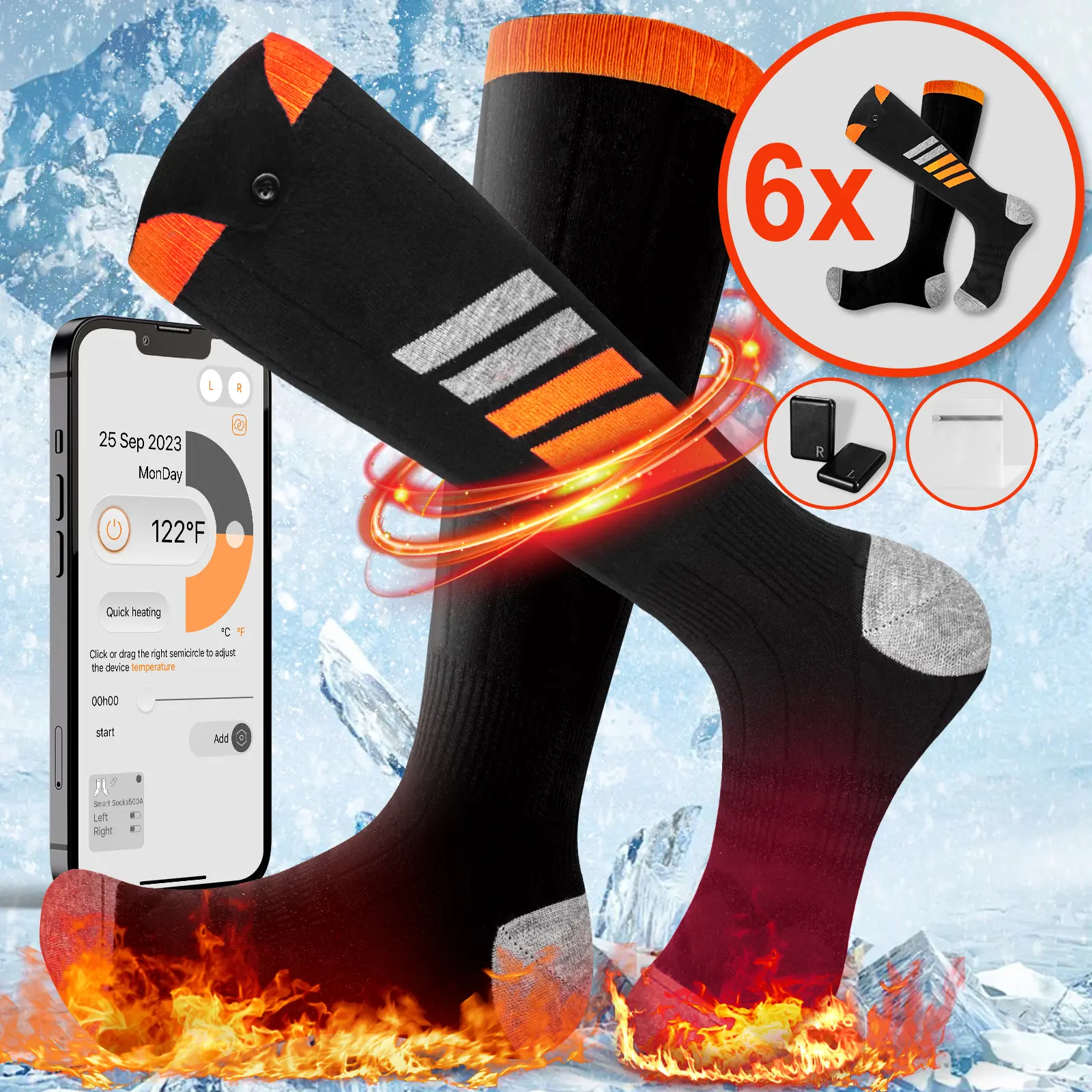 3 Sets Unisex Heated Socks - 3x5000mAh Fast Heating, 6 Pairs Socks & 3 Power Banks Included | APP Remote Control Rechargeable Electric Heated Socks for Men & Women - Toe & Foot Warmer Design, Ideal for Outdoor Sports & Snow Mountains