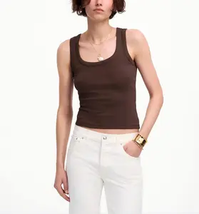 Cotton Ribbed Scoopneck Tank for Summer - Brown Top for Women's Casual Wear