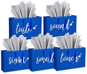 5 Senses  Bags Five Senses  Bags with Tissue Paper  Paper Bag with Ribbon Handles for Anniversary, Valentine's Day, Birthday for Him Husband Boyfriend (Blue )