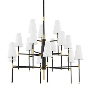 15-Light Bowery Chandelier with White Linen Shades in Aged Old Bronze or Polished Nickel Finish