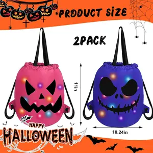 2 Pack LED Light Up Halloween Candy Bags, Reusable Halloween Bucket with Drawstring Glow in The Dark Trick or Treat Goodies Bag Large Ghost Pumpkin Kids Party Favor Buckets (Pink Purple)