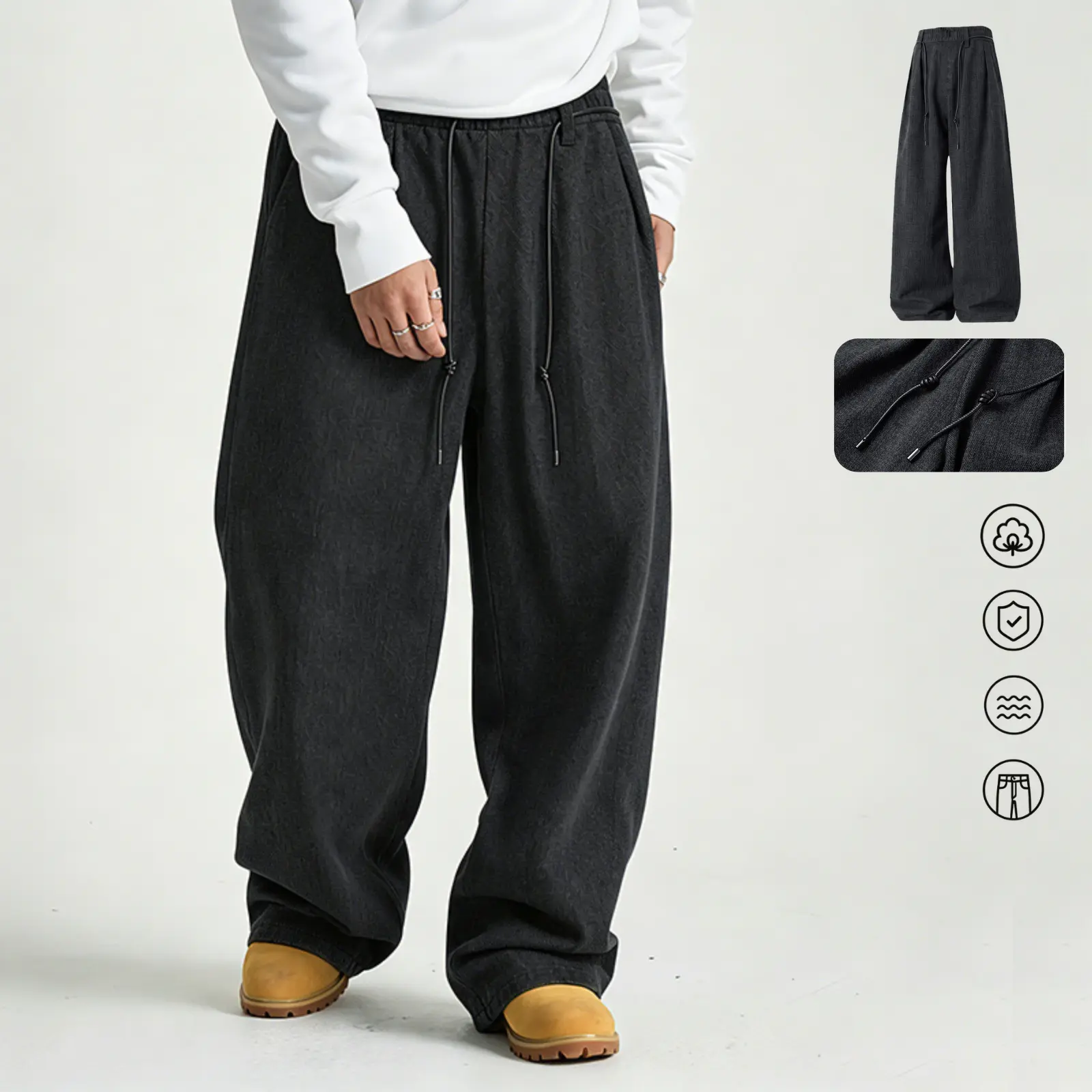 Men’s Chic Mid-Waist Plain Texture Polyester Pants, Adjustable Dual Waist Cords, Textured Drawstring, Loose-Fitting Wide-Leg, Casual Loose Drape Style, Straight Pants, Textured Design