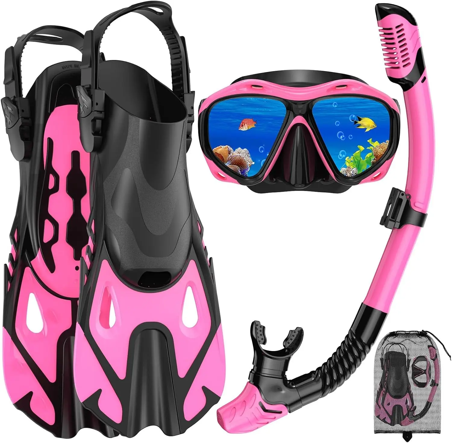 Adult 3-in-1 Snorkeling Diving Kit - Mask, Fin, Dry Top Snorkel with Panoramic Anti-Fog, Anti-Leak Seal, Travel Package with Storage Bag