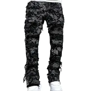 Men'S Casual Printed Jeans, Fashionable Street Hip-hop Style, Mid-waist Stretch Slim Straight Leg, Three-dimensional Cut Irregular Hole Patch Design, Suitable For All Seasons, YKK Zipper, Retro And Trendy High Street Men'S Denim Trousers