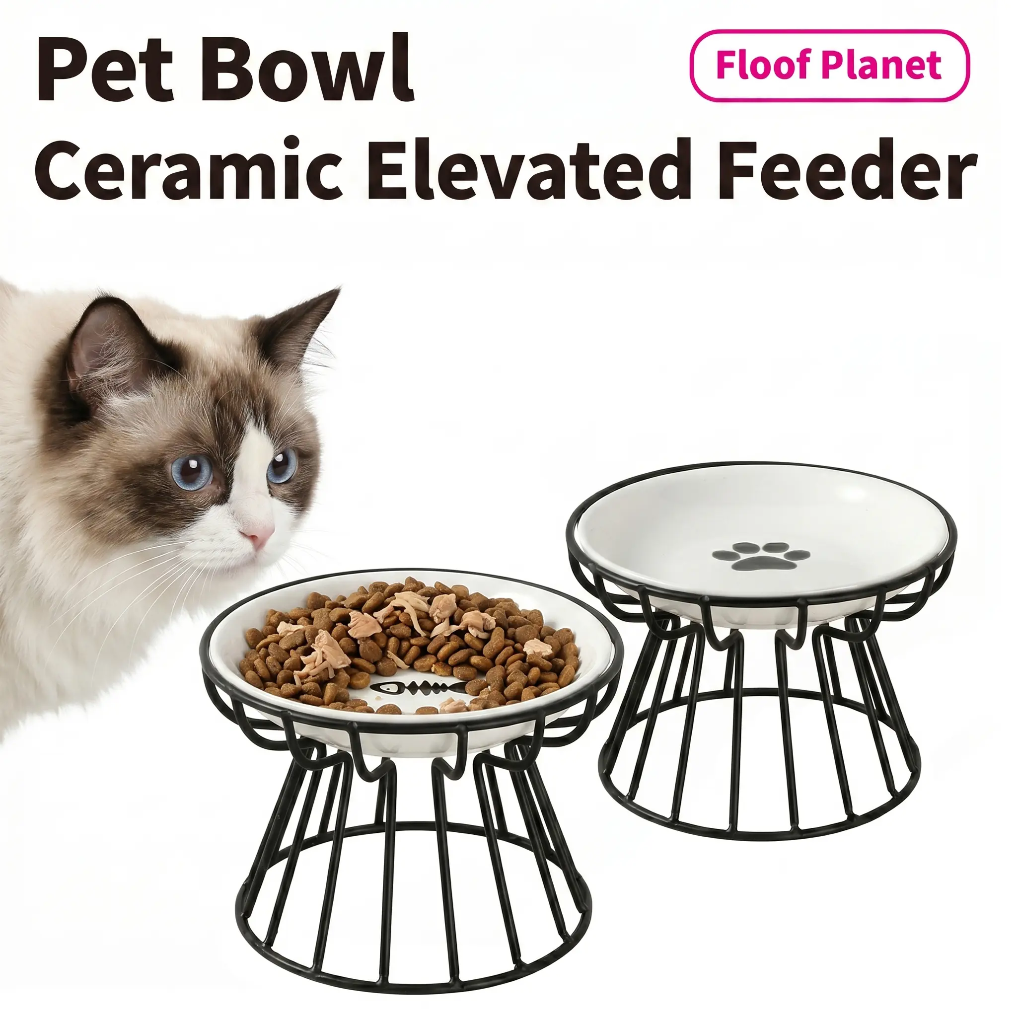 Anti-Vomit Elevated Cat Bowl, Orthopedic Raised Pet Feeder with Ceramic Dish, Neck Support Metal Stand for Cats and Small Dogs