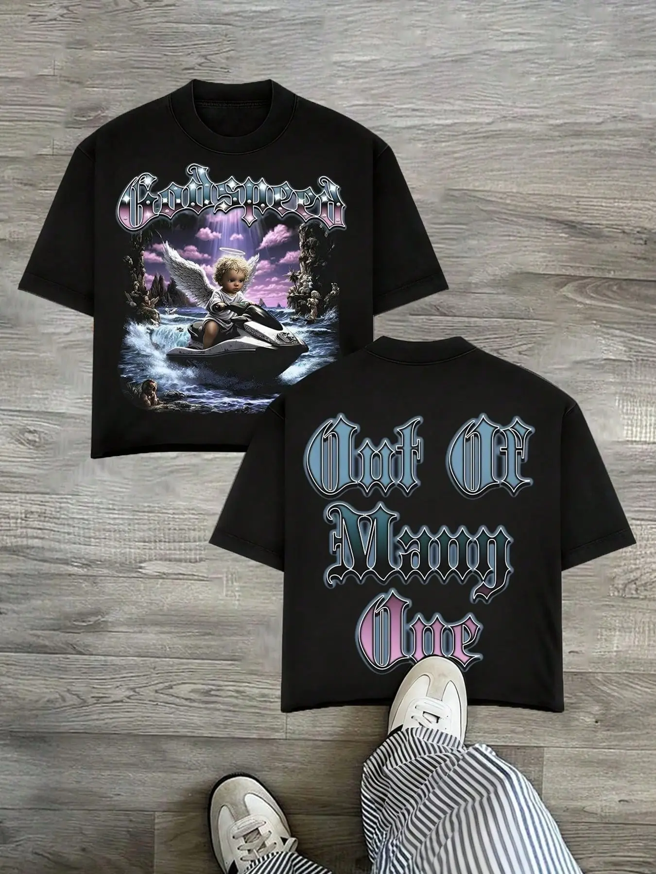 Y2K Streetwear Menswear Oversized Graphic Fitted T-Shirt for Men & Women - Heavyweight  Tee Featuring Gothic "Godspeed" Angel Jet Ski Print - Aesthetic Harajuku Top for Summer Street Style 2026