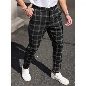 [Plaid Men's Pants] Stylish Blue & White Plaid Men's Casual Pants|       Straight Leg Fit, Machine Washable Polyester Fabric, All-Season Comfort with Pockets