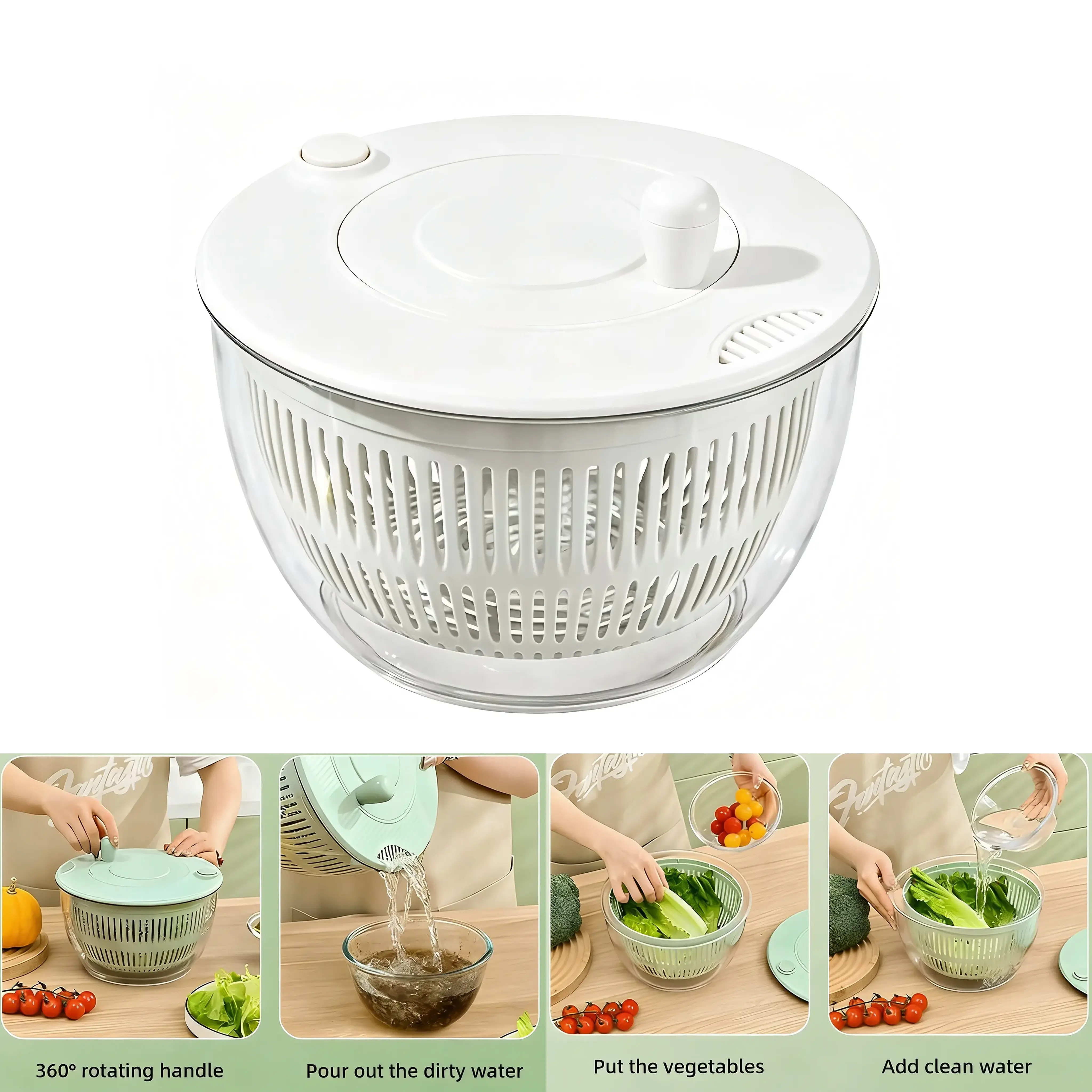 Salad Spinner Large, 3 IN 1 Vegetable and Fruit Washing Bowl with Strainer, Lettuce Spinner with 5 Blades Slicer, Egg Yolk Strainer, Salad Bowl for Efficient Salad Preparation, 5.3 Qt Kitchen Gadgets Set#SummerWins#DFYD#weeklydeals#BacktoSchool