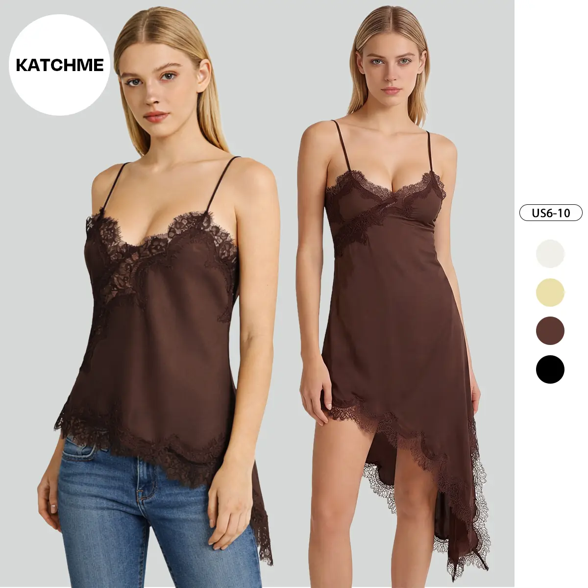 KatchMe Women's Chic Lace Series Solid Color Thin Strap Sloping Hemline Top, Minimalist Hollow Out Lightweight Sleepwear & Loungewear