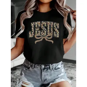 Womens Short Sleeve Graphic Tee Jesus Leopard Print Bow Front Casual Crewneck Shirt for Church Sunday Outfit Faith Gift and Everyday Summer Streetwear