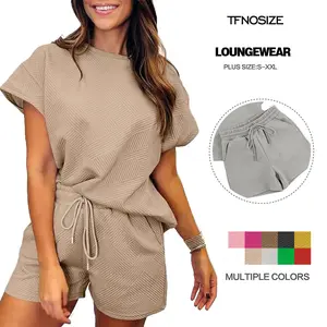TFNOSIZE Two-Piece Set Women's Solid Textured Batwing Sleeve T-shirt & Drawstring Waist Shorts Set, Casual Round Neck Short Sleeve Top & Pocket Design Shorts for Summer, Ladies Clothes for Daily Wear, Womenswear#TikTokShopStockUp