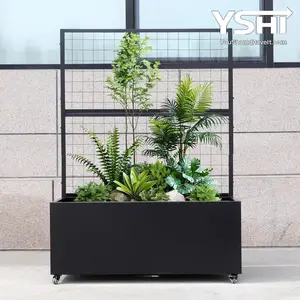 Black Modern Metal Rolling Planter Box with Lattice Trellis – Corten Steel Trough Planter with Casters – 66” x 46” x 21”