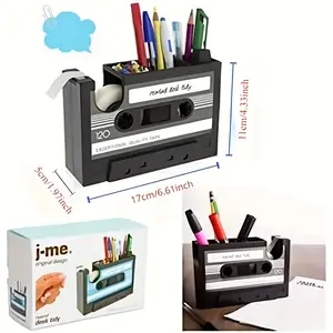 Vintage Cassette Tape Dispenser with Pen Holder - Retro Magnetic Office Supplies Storage Box, PE Material, Black, Includes Colorful Stationery, Office Storage BoxPlayful Storage Box