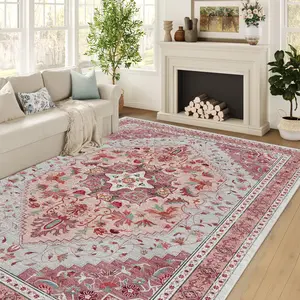 NESTFIELD Soft Area Rug for Living Room & Bedroom - Red Floral Design, One-Piece Glue-Free Weaving, Machine-Washable, Eco-Friendly, Kids & Pets Safe(5*7)