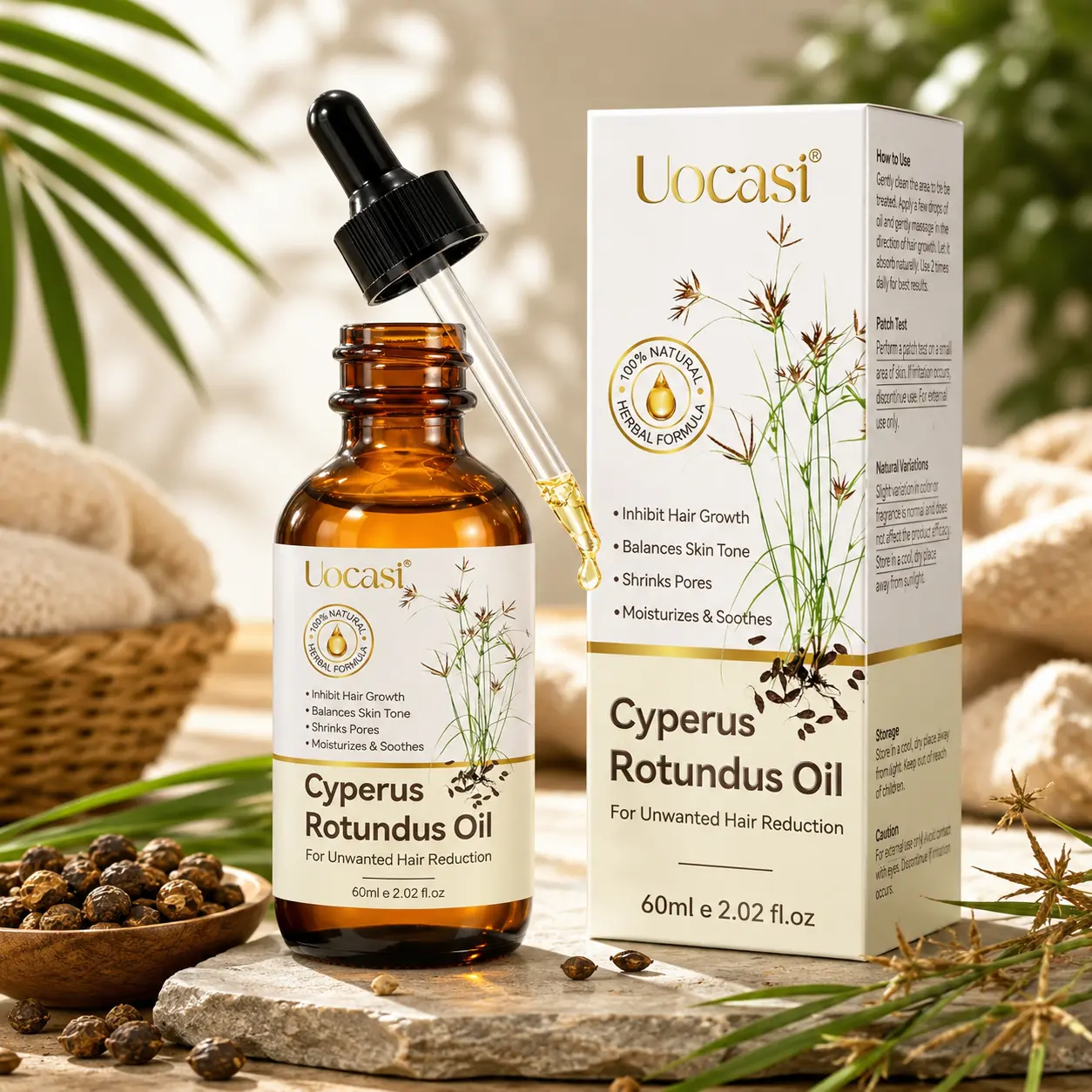 Uocasi Cyperus Rotundus Hair Removal Oil, Natural Growth Inhibitor, Skin-Soothing Pore-Minimizing Formula, Suitable for All Skin Types, 2.02 Oz