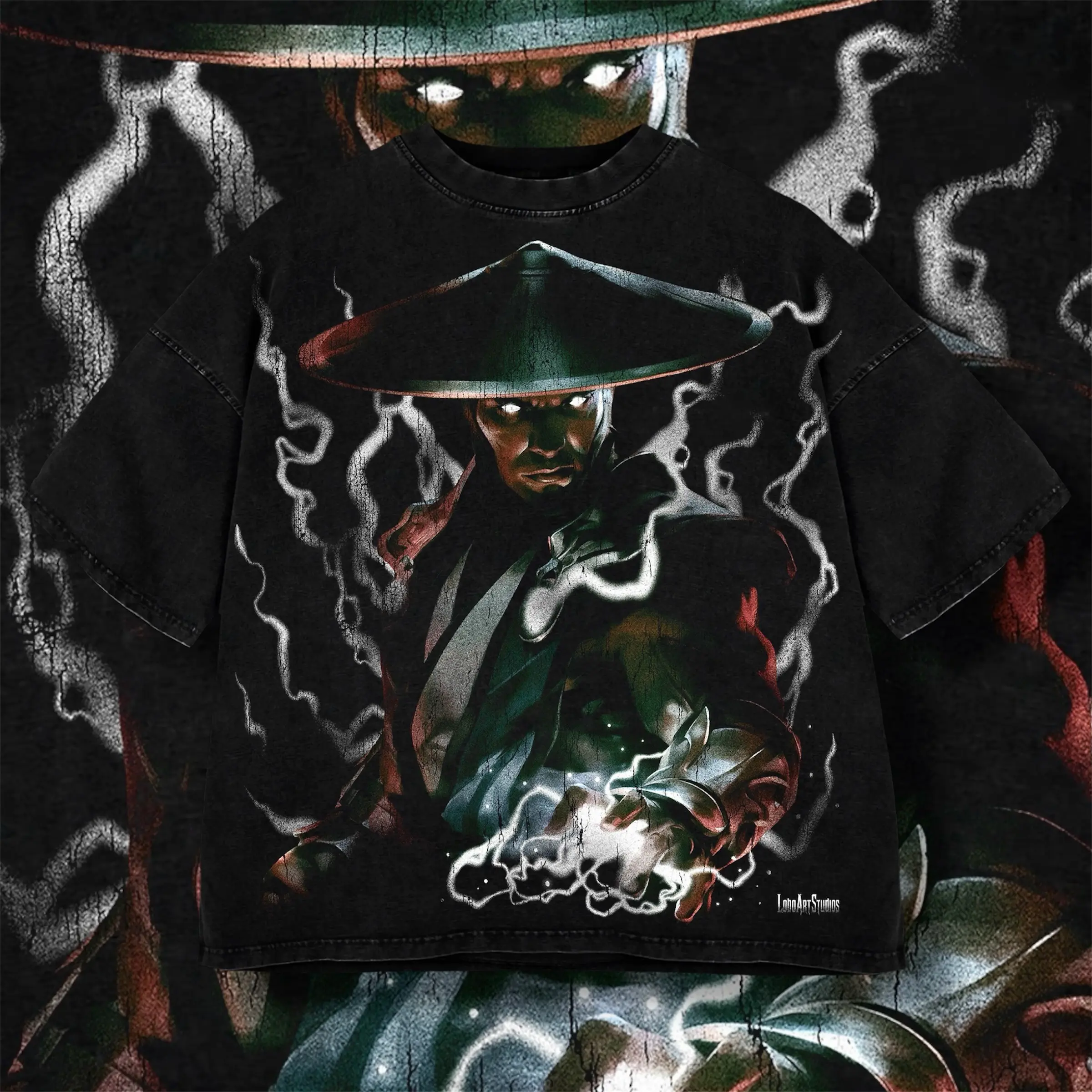 Raiden Dark Graphic Washed T-Shirt, Vintage Mortal Kombat Thunder God Tee, Gothic Anime Streetwear Unisex Shirt