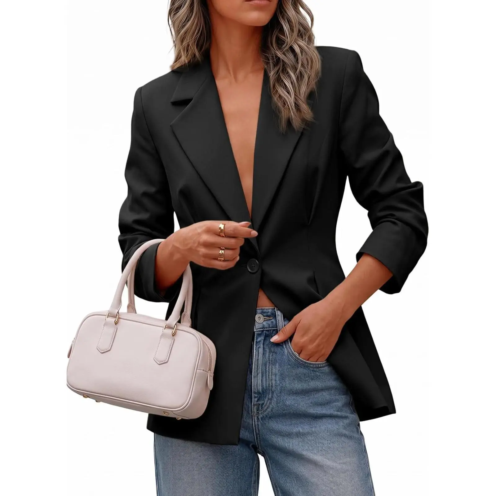 Cicy Bell Womens Business Casual Blazer Open Front Pleated Suit Jackets | Collar Lapel, Long Sleeve, Trendy Casual, Work Office, V Neck, Collar Lapel