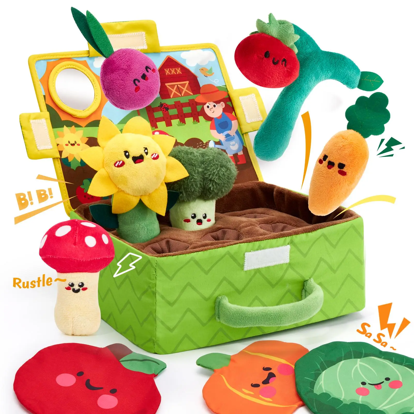 Baby Toy Sensory Garden Stuffed Toys - Fruits Vegetables Plush Toy Garden Set Montessori-Inspired Playset with Rattles Mirrors Squeakers Textures Crin