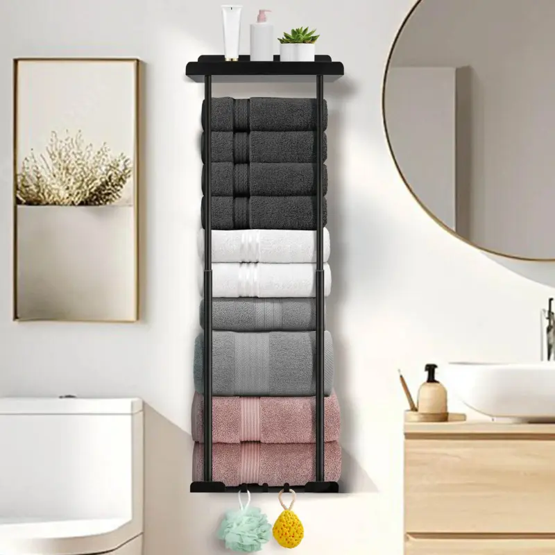 Bathroom Retractable Towel Storage Rack, Towel Racks for BathroomWall Mounted  with Shelf Can Holds 6 Large Towels,Wall Mount Towel Rack for Rolled Towels, Black, Bathroom Organizer, Bathroom Accessories, Bathroom Organization