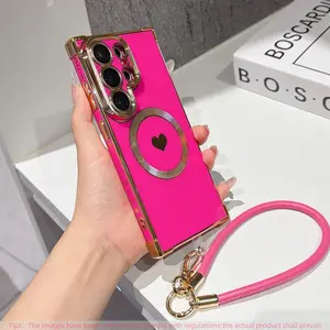 Short lanyard+high-end electroplated heart-shaped cellphone case with lens film suitable for Samsung Galaxy S26Ultra S25Ultra S24Ultra S26Plus | Protective lens | Supports wireless charging | Anti slip and anti drop phone case Cover Casing