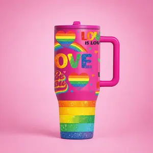 1 Pc 40oz insulated mug, rainbow love print, pride heart design, double wall, leak-proof, large handle thermal cup for hot cold drinks, travel, car, office, daily use, birthday gift, holiday gift for women, men, friends, keeps hot 12 hours and cold 24