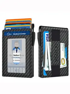 Men's Ultra-thin Pop-up Carbon Fiber Anti Theft Wallet RFID Shielded Credit Card Clip Card Holder Cash Clip ID Transparent Window with Money Clip Wallet for Men